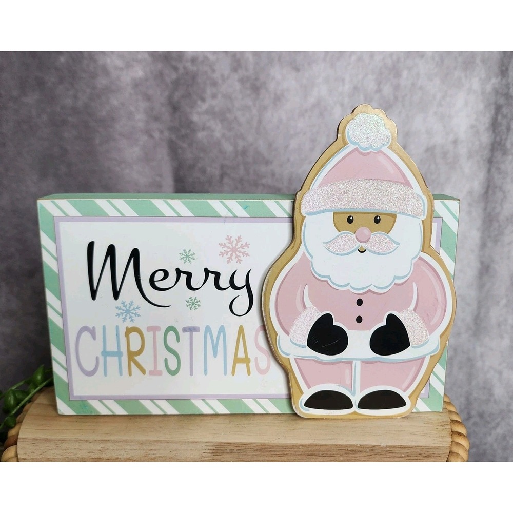 Pastel Merry Christmas Pink Santa Wooden Block Sign 8.5" Christmas Tabletop NEW